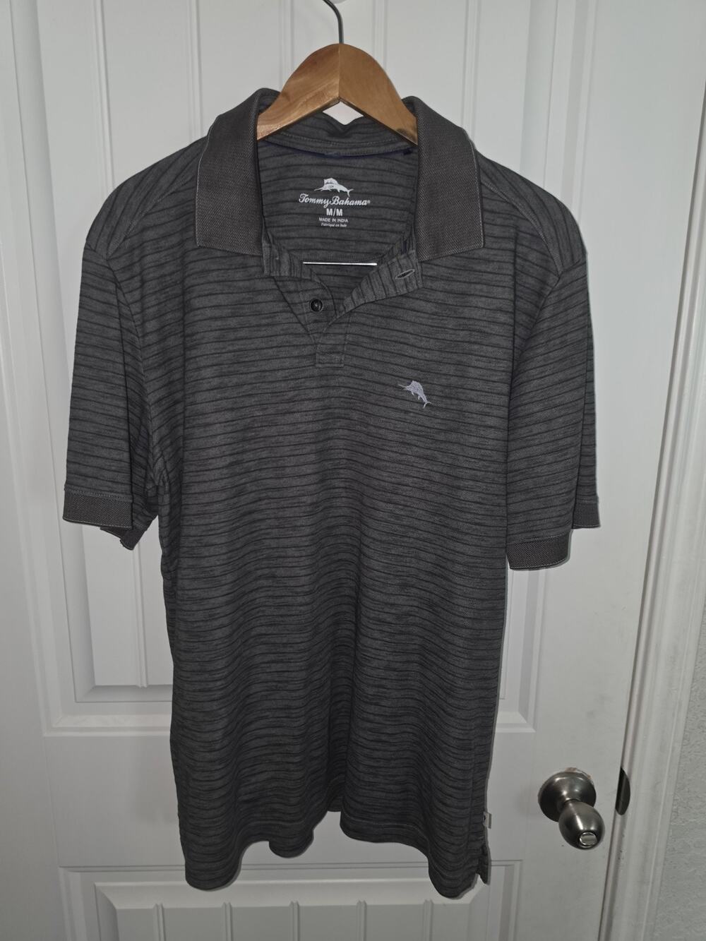 Tommy Bahama Mens Medium Gray Striped Polo Shirt Marlin Logo Golf Casual